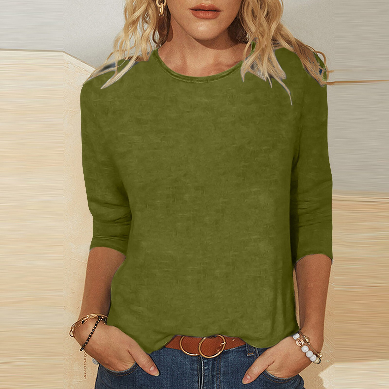 Wiyuqeen Three Quarter Length Sleeve Blouses Womens Casual Loose Fit Crewneck T Shirts Baasic Solid Color Tunic Tops Soft Trendy Loose Fit Tees